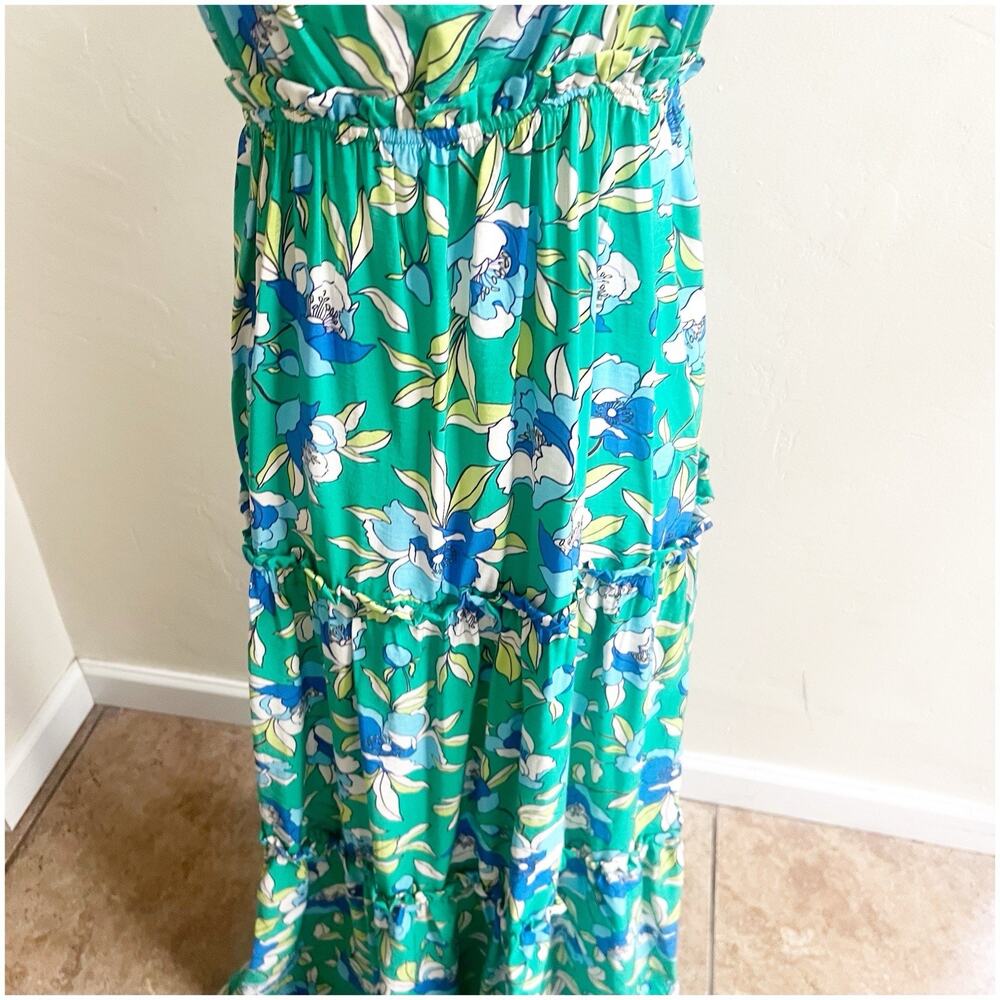 Monteau Los Angeles Floral Tiered Maxi Dress Green Size Large V-Neck Bohemian - Picture 11 of 14